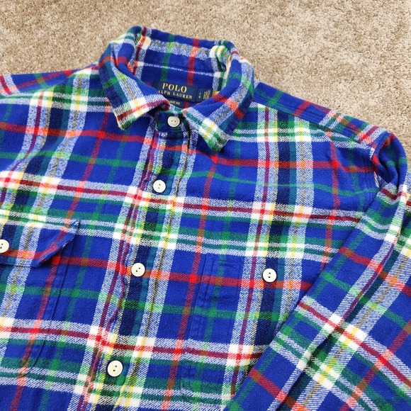Polo Ralph Lauren Shirt Mens Large Plaid Flannel Classic Fit Button Down Blue - Picture 1 of 6